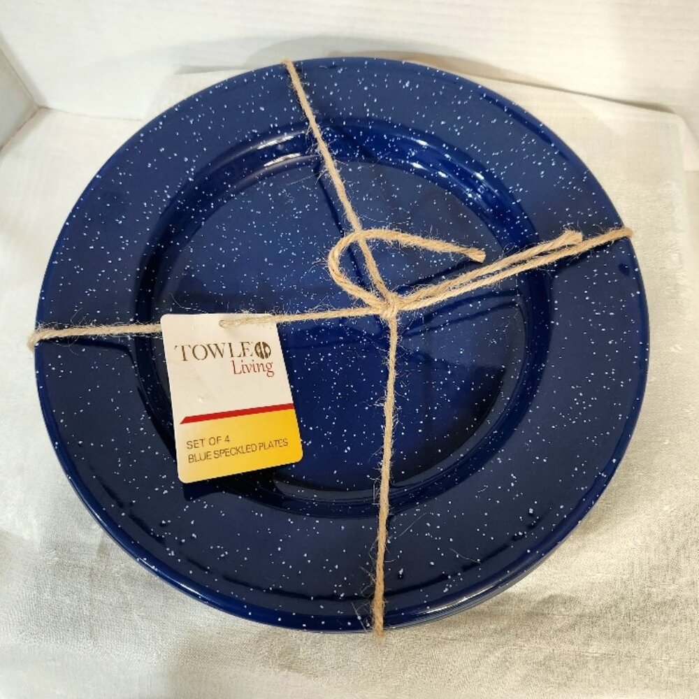 New Set of 4 Towle Living Blue Speckled Plates Camping/Everyday
